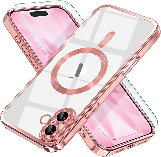 Misea Magnetic for iPhone 17 Case Compatible with MagSafe [Never Yellowing] [Military Grade Drop Protection] Full Camera Lens Protector Plating Soft Clear Phone Case for Women, Pink