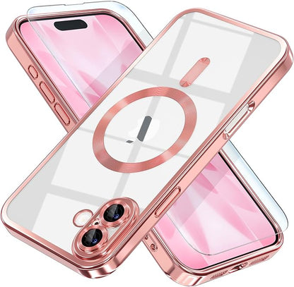 Misea Magnetic for iPhone 17 Case Compatible with MagSafe [Never Yellowing] [Military Grade Drop Protection] Full Camera Lens Protector Plating Soft Clear Phone Case for Women, Pink