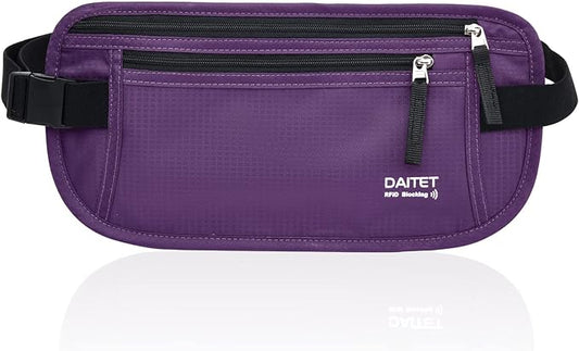 RFID Blocking Money Belt for Men Women, Slim Fanny Pack For Travel，Running,Conceal Waist Wallet For Passport Holder,Phone,Cash(Dark Purple), Dark Purple, Rfid Blocking & Belt Wide:1inch