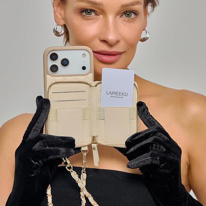 LAMEEKU for iPhone 17 Pro Max Case Wallet with Wrist Strap, RFID Blocking Crossbody Phone Cover for Women 6.9" Beige