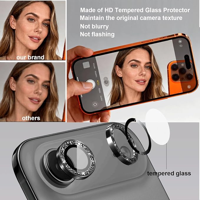 Compatible for iPhone Air Camera Lens Protector Bling, Cute Sparkle Glitter Camera Cover for Women, Individual Ring, Anti-Scratch 2 Pack Protectors for 17 Air (1 Rugular Use + 1 Extra), Black
