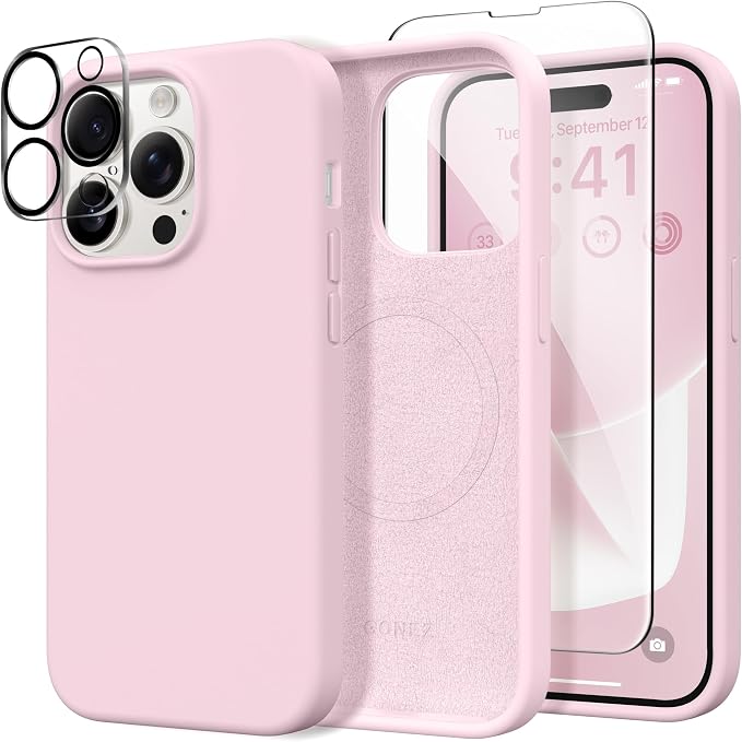 GONEZ for iPhone 14 Pro Max Case Silicone, Compatible with MagSafe, with Screen Protector + Camera Lens Protector, Liquid Silicone Shockproof Protective Phone 14 ProMax Case 6.7", Pastel Pink