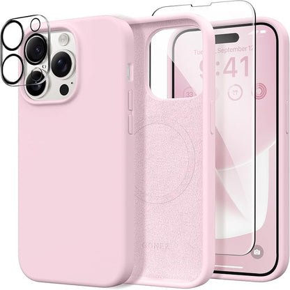 GONEZ for iPhone 14 Pro Max Case Silicone, Compatible with MagSafe, with Screen Protector + Camera Lens Protector, Liquid Silicone Shockproof Protective Phone 14 ProMax Case 6.7", Pastel Pink