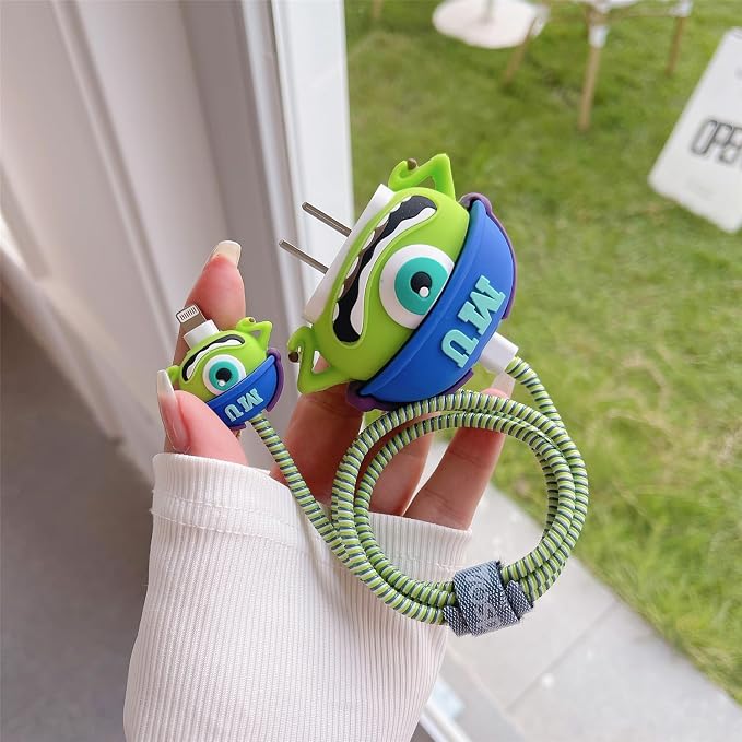 3D Cute Cartoon Charger Protector Case - Compatible for Apple 20W USB-C Power Adapter and Lightning Cable (Green 01)