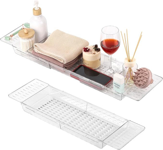 2 Pack Bathtub Tray, Bath Tray Bathroom Organizer Expandable Bathtub Table Trays Storage Rack for Book and Wine Glass, Clear
