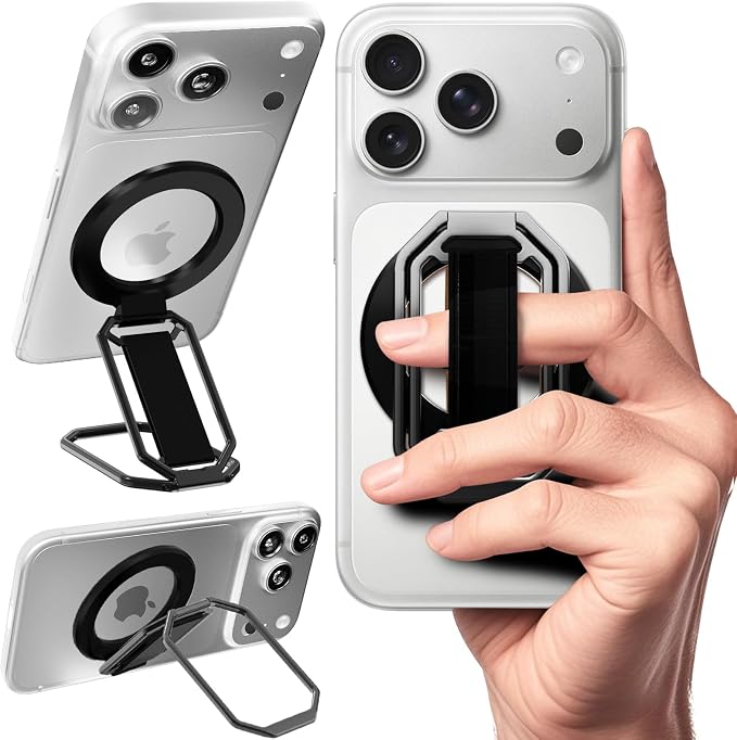 Magnetic Phone Grip & Stand for Desk, Bed & On-the-Go – Compatible with MagSafe – Secure One-Hand Hold, Comfortable Scrolling, Hands-Free Video Calls (Black)