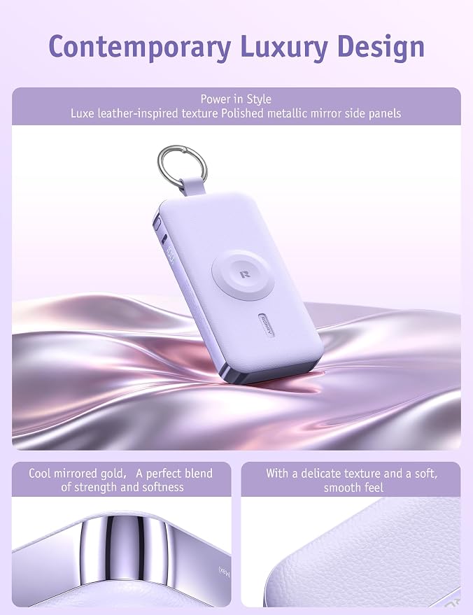 RORRY CharmGo Portable Charger 3 in 1 30W Fast Charging Power Bank 12000mAh | Built-in Retractable Cable, Keychain Design, for iPhone/iWatch/iPad/Airpods,2 USB-C Cables,Purple