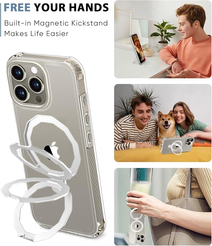 for iPhone 15 Pro Case, with Screen Protector + Camera Lens Protector, Built-in Seamless Stand, [Compatible with MagSafe] Protective Shockproof Phone Case, Cover iPhone 15 Pro - Clear