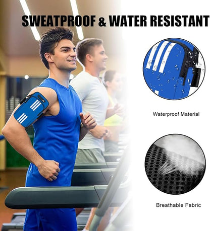 Armband Cell Phone Holder for Running Arm Band iPhone 17 16 15 14 13 12 11 Pro Max 16e Xs Xr X Plus Mini Samsung Galaxy Ultra Note Airpods Pouch Women Men Kids,Runner Gym Walking Arm Bag Blue