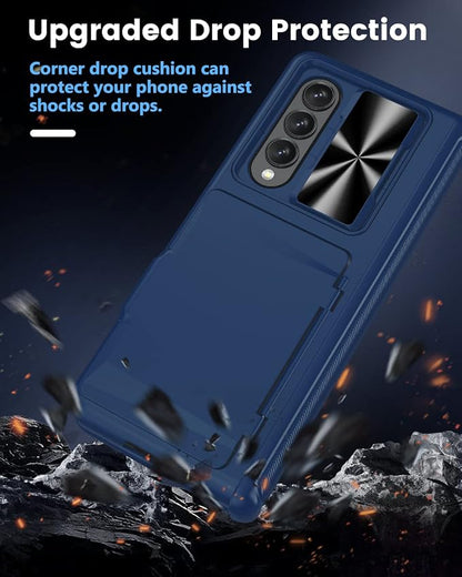 Viaotaily Galaxy Z Fold 4 5G Case with Card Holder & Hinge Protection, Built-in Slide Camera Lens Cover & Screen Protector, Durable Sturdy Phone Cover Case for Samsung Galaxy Z Fold 4 5G 2022 (Blue)