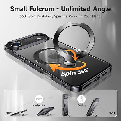 [Tri-Shield Protection] for iPhone Air Case with 360° Spin Stand Compatible with MagSafe [Magnetic CD Ring] [Screen & Camera Lens Protector] Shockproof Plating Never-Yellowing, Black-6.5"