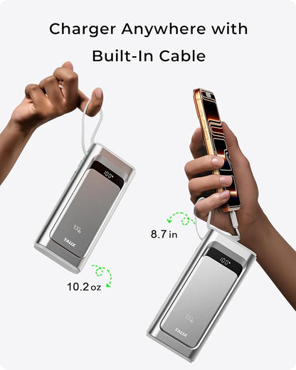 TALIX Portable Charger 100W, 10000mAh Power Bank with Built-in USB-C Cable, 3-Port Fast Charging Battery Pack for iPhone 17/16/15 Series, Samsung Galaxy, iPad, Steam Deck, Travel Essentials