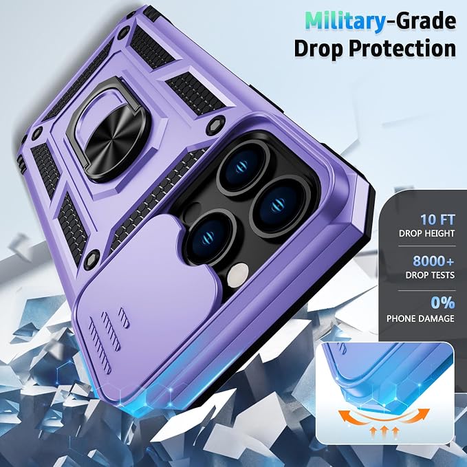 Weycolor for iPhone 13 Pro Case with Camera Lens Cover, HD Screen Protector, 10 FT Military Grade Drop Protection, Magnetic Ring Holder Kickstand Protective Phone Case for iPhone 13 Pro, Lavender