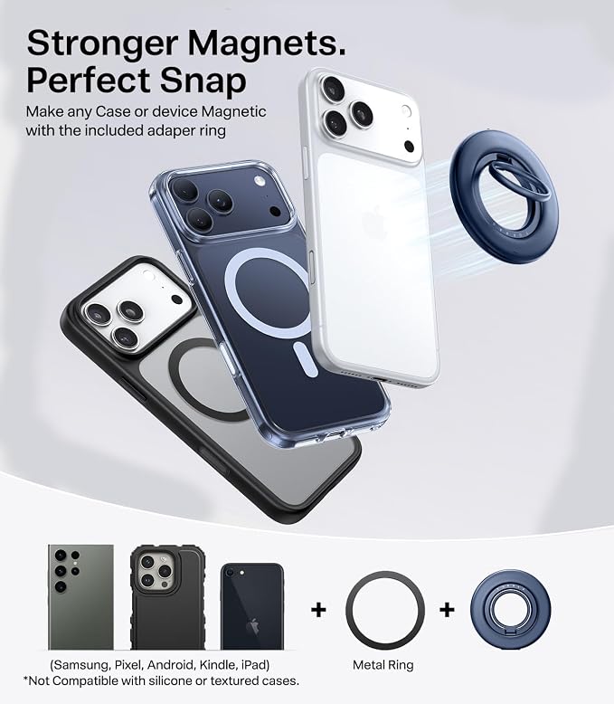 TORRAS 2025 Flagship Magnetic Phone Grip Ring Holder Kickstand [2-Sided Magnetic] [360 Rotation] Fit for MagSafe Accessories for iPhone 17 16 15 14 13 12 11 Samsung, Google, Blue