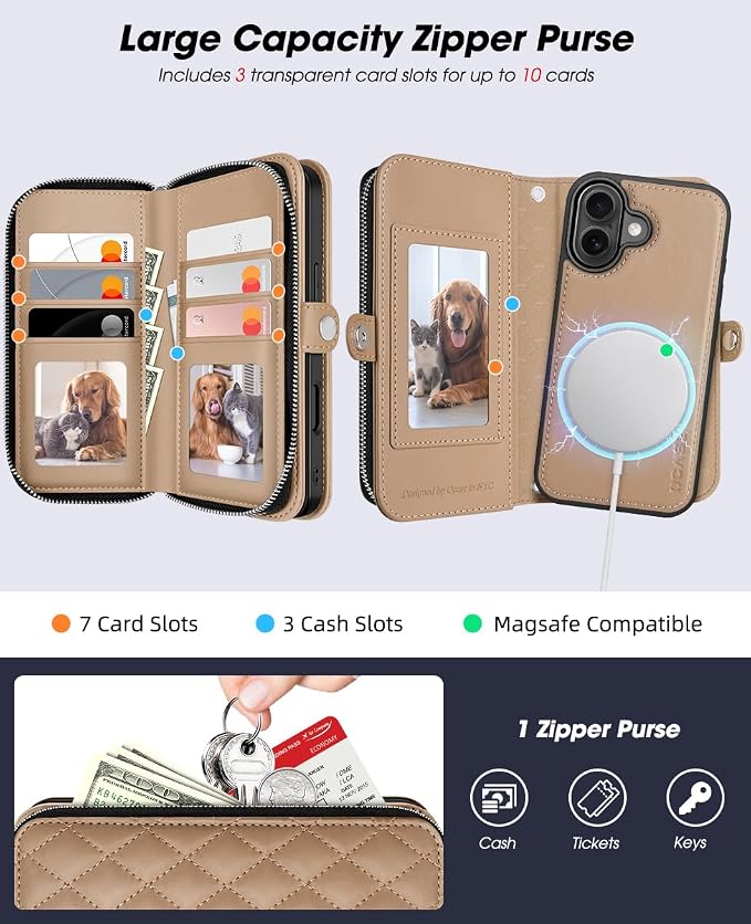 OCASE for iPhone 17 Crossbody Detachable Wallet Case, PU Leather Handbag Phone Purse with Zipper Closure, Card Slots & RFID Blocking, Wrist Strap, Lanyard, Kickstand, Diamond Check Khaki