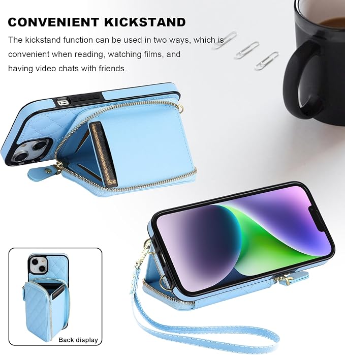 Bocasal Crossbody Wallet Case for iPhone 14, RFID Blocking PU Leather Zipper Handbag Purse Flip Cover, Kickstand Folio Case with Card Slots Holder Wrist Strap Lanyard 5G 6.1 Inch (Blue)