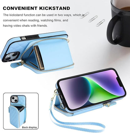Bocasal Crossbody Wallet Case for iPhone 14, RFID Blocking PU Leather Zipper Handbag Purse Flip Cover, Kickstand Folio Case with Card Slots Holder Wrist Strap Lanyard 5G 6.1 Inch (Blue)