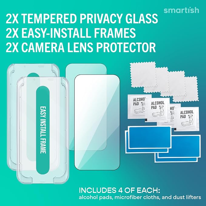 Smartish® iPhone 17 Privacy Screen Protector + Camera Lens Covers - Tuff Sheet - 2-Pack Tempered Glass [Scratch-Resistant] 9H Anti Spy w/Easy Install Frame for Apple iPhone 17