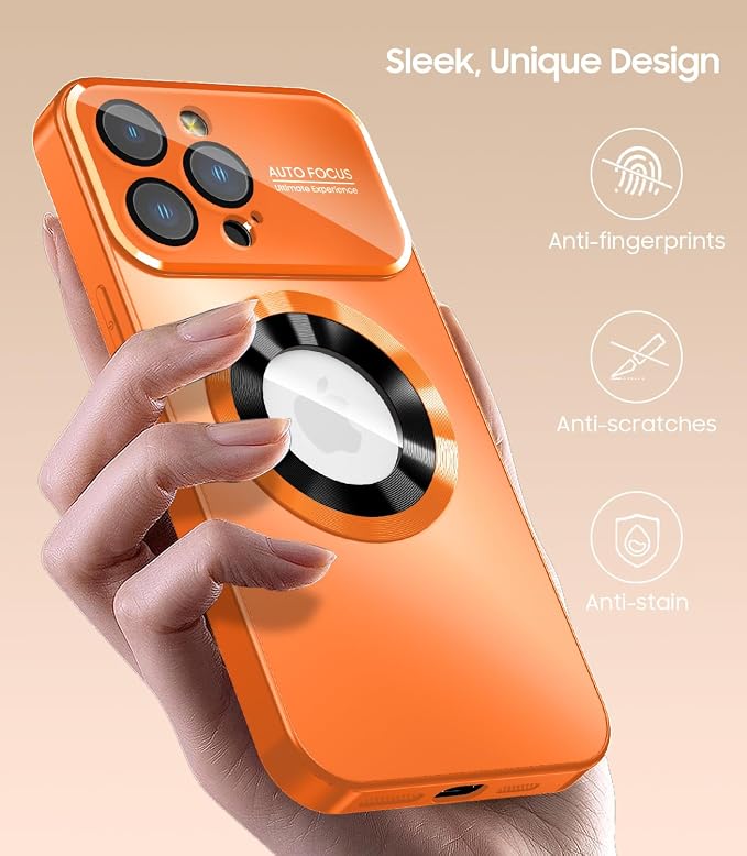Magnetic for iPhone 15 Pro Max Case, Compatible with MagSafe, Built-in Camera Lens Protector, Logo View, Military Grade Drop Proof Phone Cover, Orange