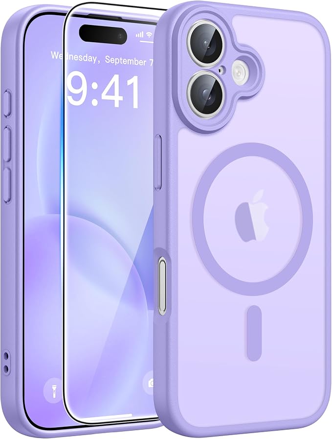 FNTCASE for iPhone 16 Case: [Compatible with Magsafe] Translucent Matte Cases with [Full Camera Protection] [Screen Protector] Military Grade Shockproof Protective Phone Cover - Light Purple