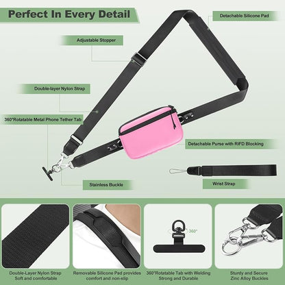 YFWE Clip and Go Strap for Phone with Wallet Crossbody, Adjustable Phone Lanyard with Detachable RFID Wristlet Wallet & Ultra-Thin 360° Rotatable Metal Tabs for All Smartphones (Pink)