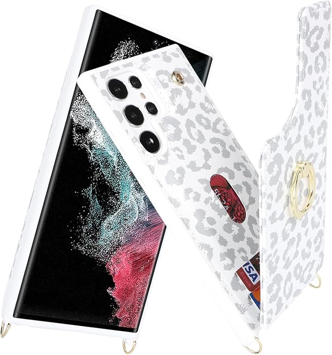 Lipvina for Samsung Galaxy S22 Ultra Case with Card Holder and Strap for Women,Crossbody Lanyard,RFID Blocking,Ring Stand,Snap Clasp,Cute Phone Wallet Cases 6.8 inch(White Leopard)