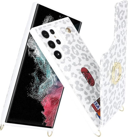 Lipvina for Samsung Galaxy S22 Ultra Case with Card Holder and Strap for Women,Crossbody Lanyard,RFID Blocking,Ring Stand,Snap Clasp,Cute Phone Wallet Cases 6.8 inch(White Leopard)