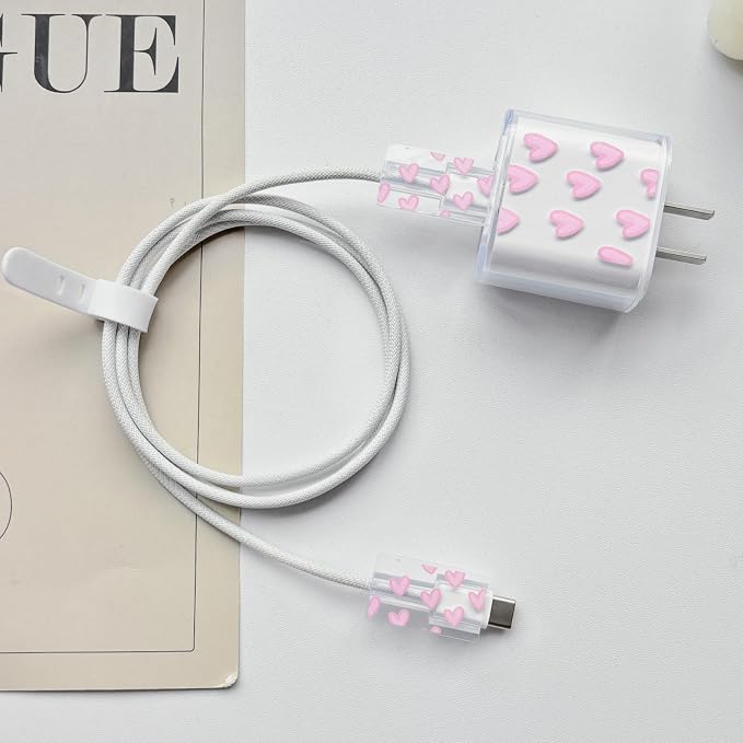 Lovmooful Compatible for iPhone 18W/20W USB-C Charger Cover Clear Lovely Love Heart Design Soft Charger Protector Cute Cable Case Saver Protector for Girls Women-Light Pink Heart