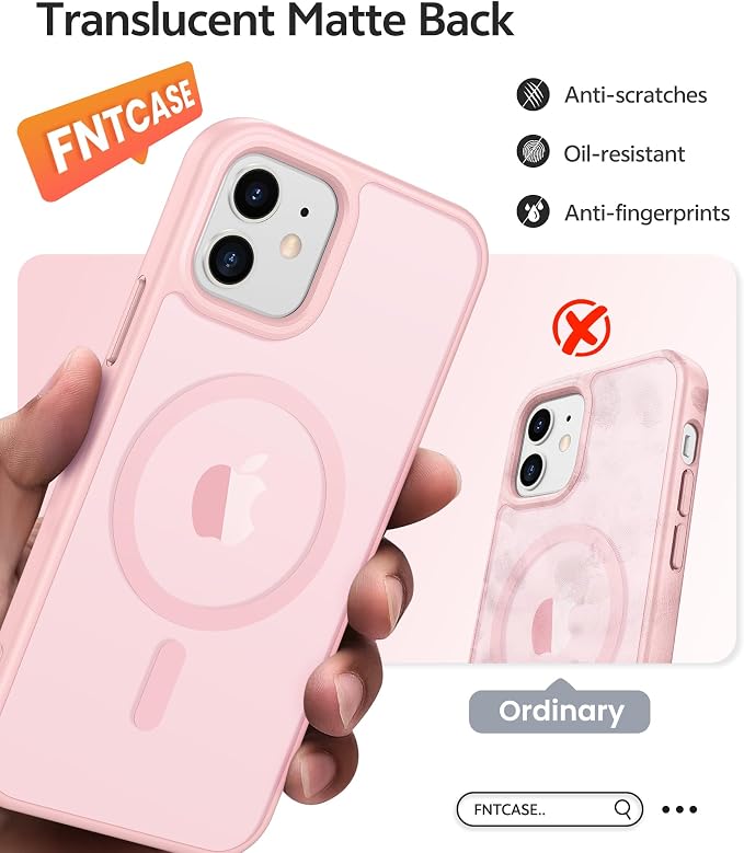 FNTCASE for iPhone 13 Mini Case: for iPhone 12 Mini Case [Compatible with Magsafe] Translucent Matte Magnetic Phone Cover - Military Grade Drop Protection Shockproof Protective Cases - Light Pink