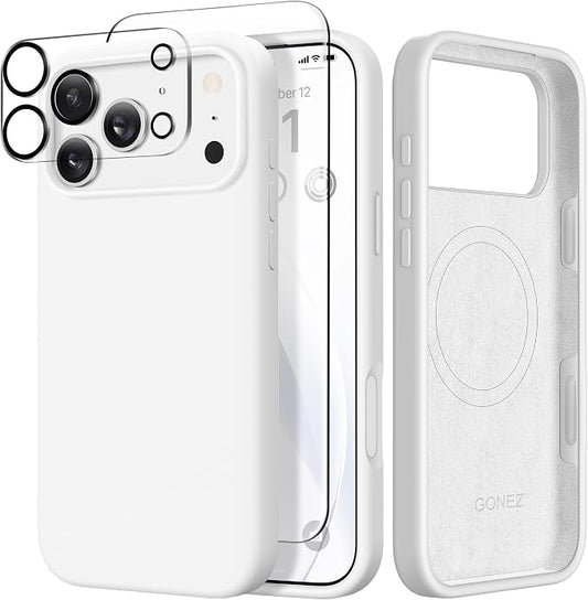 GONEZ Magnetic for iPhone 17 Pro Max Case, Compatible with MagSafe, [Screen Protector + Camera Lens Protector], Liquid Silicone Anti-Scratch Shockproof Protective Phone Case 6.9 inch, White