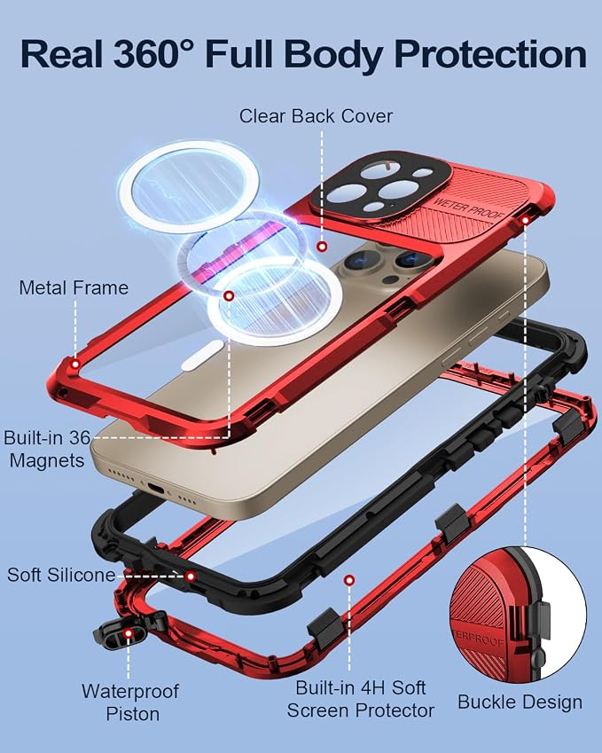 WIFORT for iPhone 13 Pro Waterproof Case - Metal 360 Full Body [IP68 Water Proof][Built-in Screen Protector][14FT Military Shockproof][Compatible with MagSafe] Dustproof Protective Cover, 6.1" Red