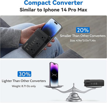 DOACE 350W Voltage Converter US to Europe - 220V to 110V Converter for European Travel with QC+PD Chargers for Using Most U.S. Devices Abroad - Hair Straightener Shaver Toothbrush Camera Phone