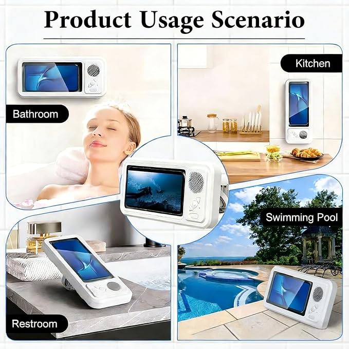 Shower Phone Holder with Wireless Bluetooth Speaker, Waterproof Shower Phone Case for Any Phone, Hands-Free Bathroom Entertainment, Play Music and Take Calls (White)
