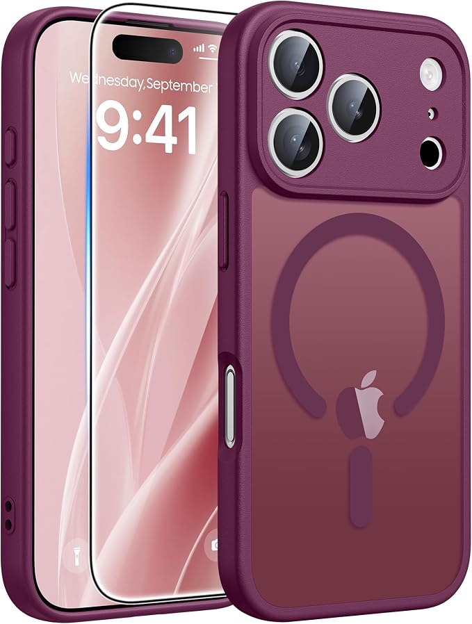 FNTCASE for iPhone 17 Pro Max Case, Fit for Magsafe, Screen Protector | Full Camera Protection, Translucent Matte, 14FT Military Grade Drop Proof, Shockproof Protective Phone Cover, Wine Red