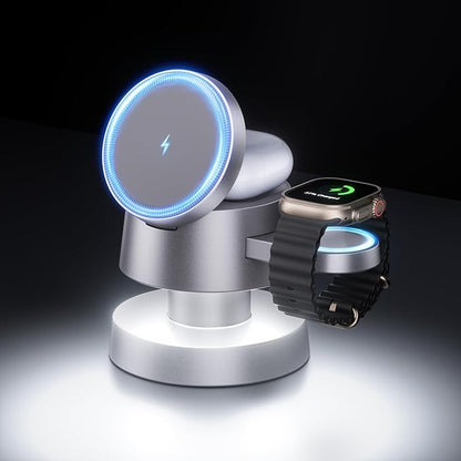 4 in 1 Magnetic Wireless Charging Station,15W Fast Charging with Night Light for MagSafe Charger Stand,3 in 1 Wireless Charger for iPhone 17/16/15/14/13Pro Max,Apple Watch&AirPods,Titanium Gray