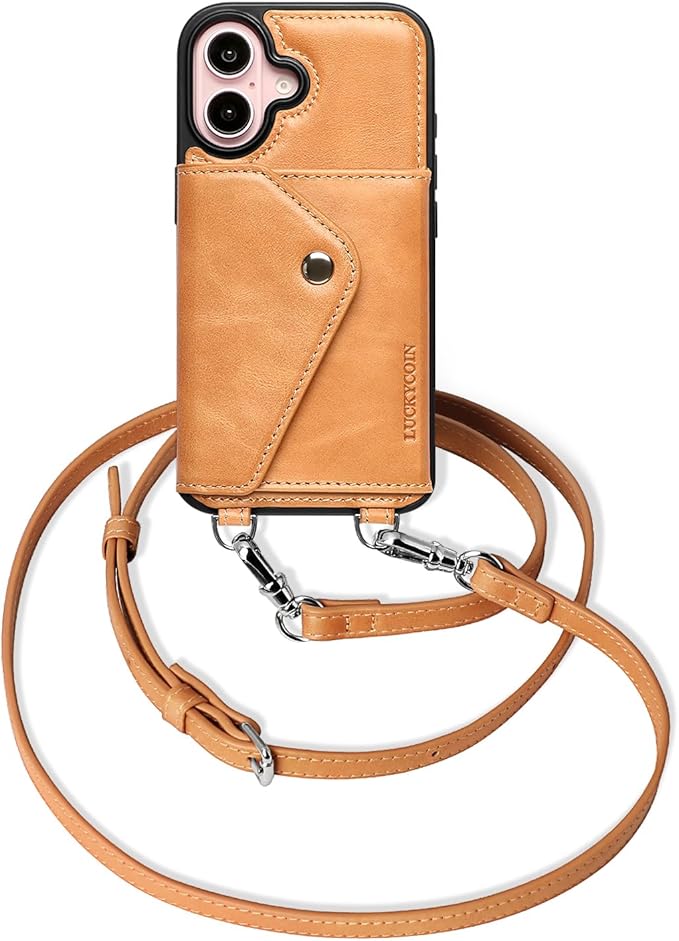 LUCKYCOIN for iPhone 16 Crossbody Wallet Case – Genuine Leather Phone Purse with Adjustable Strap and Card Holder,Lanyard Phone Purse Case for Women,Vintage Tan