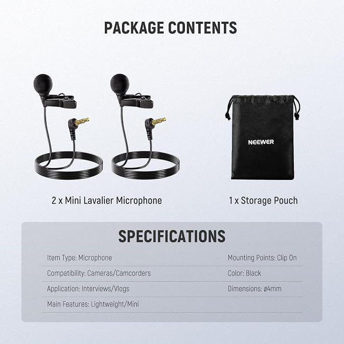 NEEWER ø4mm Mini Lavalier Microphone (2 Pack), Clip On Wired Condenser Lapel Lav Mic Set with 5ft/1.5m 3.5mm TRS Connector Compatible with DJI Mic 2 Rode Wireless Go II CM28 CM31 Camera, LM8