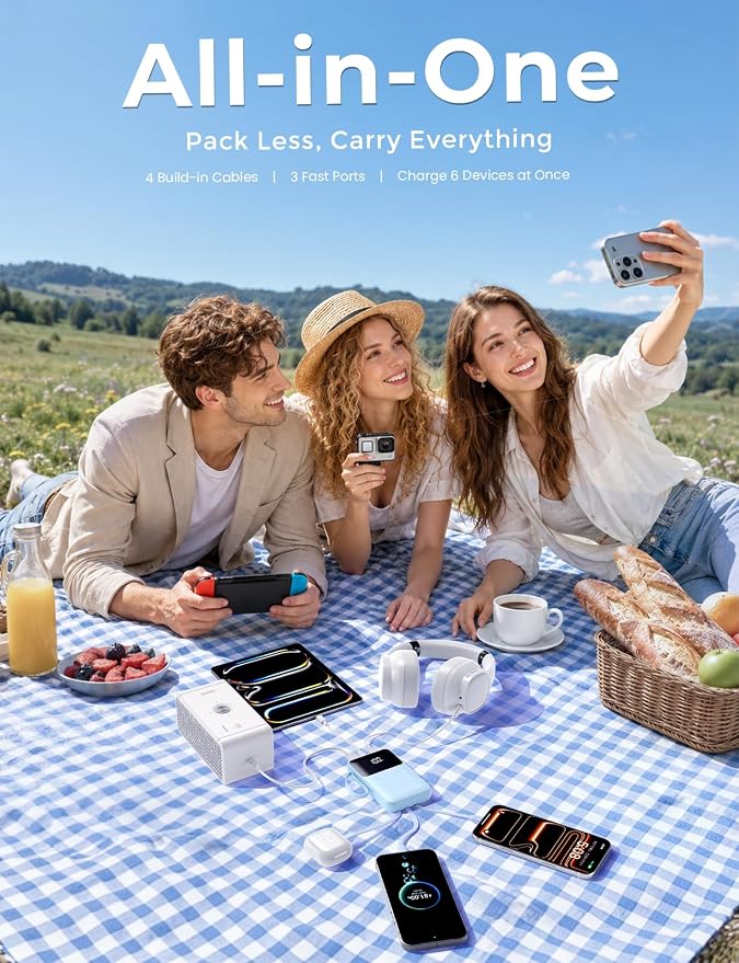 Power Bank, 15000mAh Portable Charger with Built in Cable, 22.5W Fast Charging, 6 Outputs, Slim Travel Essential Battery Pack with LED Display, Compatible with iPhone 17/16/15/14/13, iPad SkyBlue