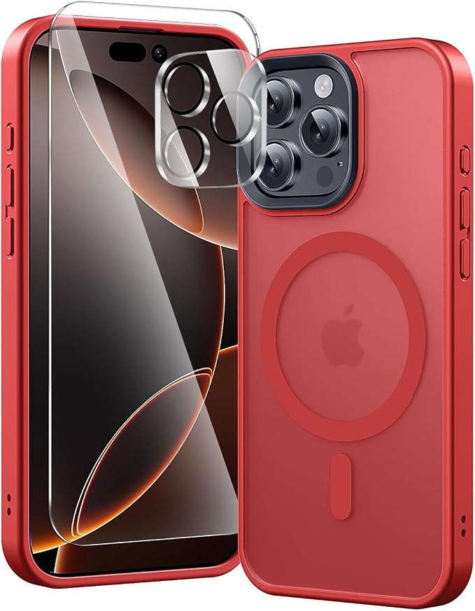 3 in 1 for iPhone 16 Pro Case with MagSafe, Screen Protector*1 Camera Lens Protector*1,Matte Skin Feeling Back Cover Military-Grade Protection for iPhone 16 Pro Phone Case 6.3 inch Red