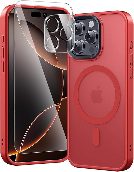3 in 1 for iPhone 16 Pro Max Case with MagSafe, Screen Protector*1 Camera Lens Protector*1,Skin Feeling Back Military-Grade Protection for iPhone 16 Pro Max Phone Case 6.9 inch Red
