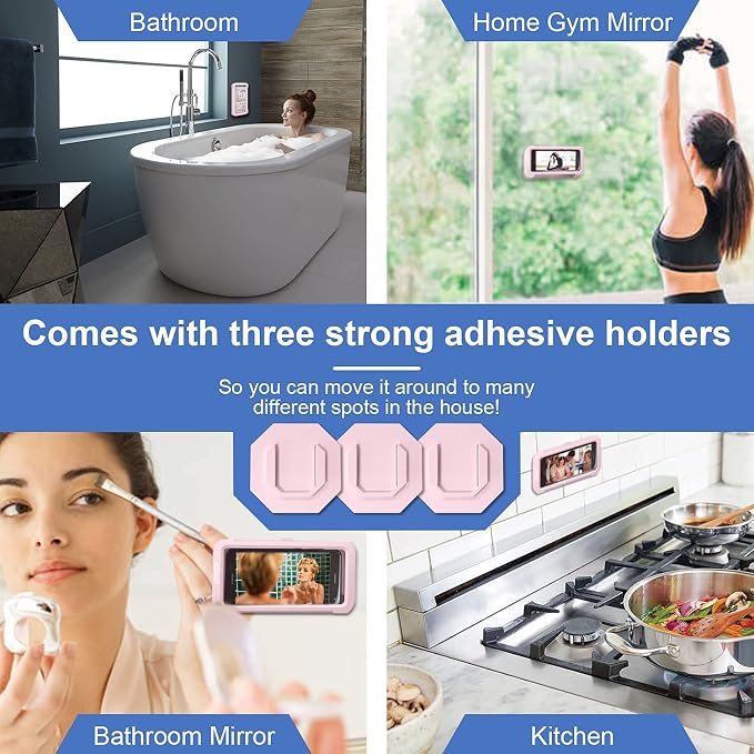 URROY Shower Phone Holder Waterproof, 360° Rotation Shower Phone Case, Anti-Fog High Sensitivity Universal Cover Mount Stand for Bathroom Wall Mirror Bathtub Kitchen，Men Women Pink