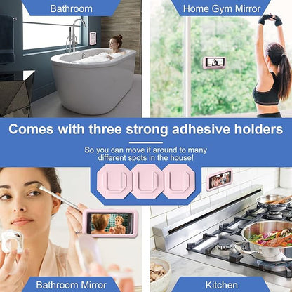 URROY Shower Phone Holder Waterproof, 360° Rotation Shower Phone Case, Anti-Fog High Sensitivity Universal Cover Mount Stand for Bathroom Wall Mirror Bathtub Kitchen，Men Women Pink