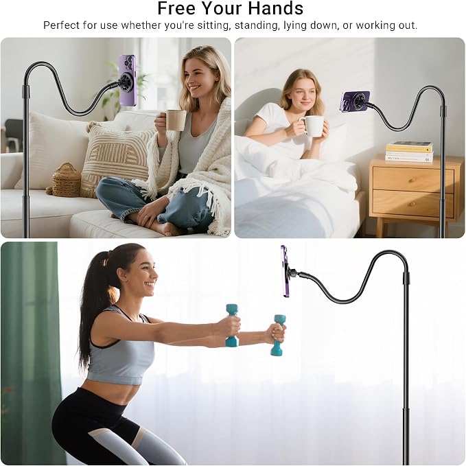 Magnetic Gooseneck Phone Holder for Bed Laying Down, Height Adjustable Bedside Floor Stand with Flexible Arm for iPhone Tiktok Scrolling, Headboard Phone Mount for Reading