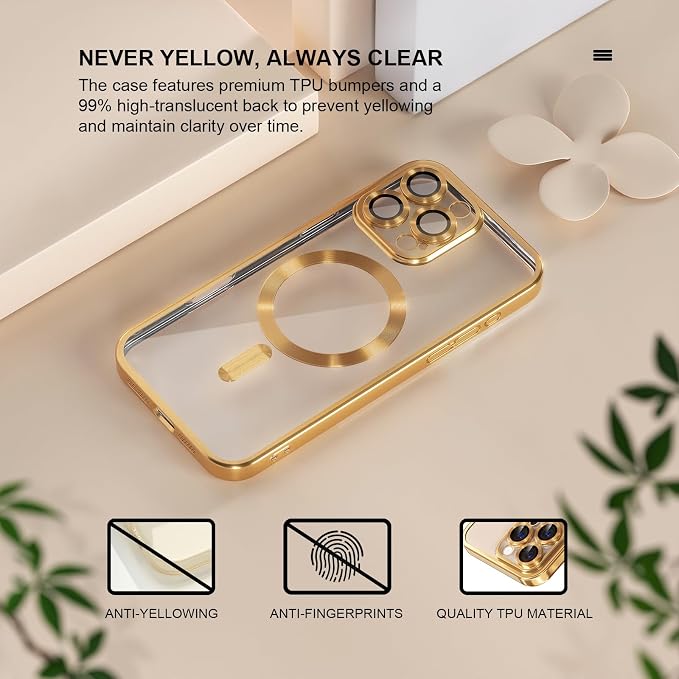 Misea Magnetic for iPhone 16 Pro Case Compatible with MagSafe [Never Yellowing] [Military Grade Drop Protection] Full Camera Lens Protector Plating Soft Clear Phone Case for Women 6.3", Gold