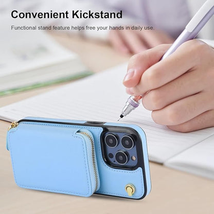 Bocasal Crossbody Wallet Case for iPhone 14 Pro Max, RFID Blocking Leather Purse Case with Card Holder, Protective Handbag Flip Cover with Zipper Wrist Strap Lanyard for Women 5G 6.7 Inch (Blue)