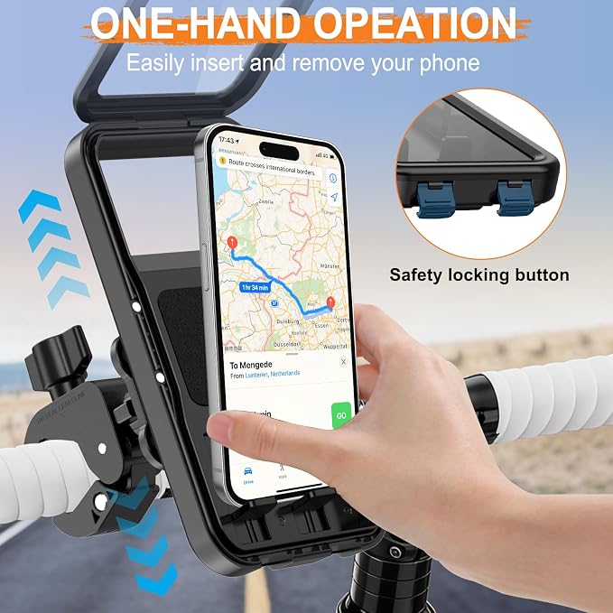 HUANLANG Motorcycle Phone Mount Anti Vibration, Waterproof Bike Phone Mount for Bicycles, Scooters, ATVs,[Dual Vibration Dampener][Upgraded Handlebar Clip] Motorcycle Phone Holder for 4-7" Cell Phones