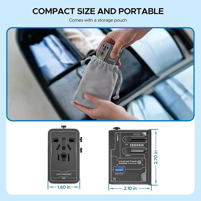 Universal Travel Adapter, 75W GaN International Power Adapter | All in One Travel Plug Adapter with 3 USB C, 1 USB A, Worldwide Outlet Wall Charger Converter for EU US UK AU 200+ Countries.