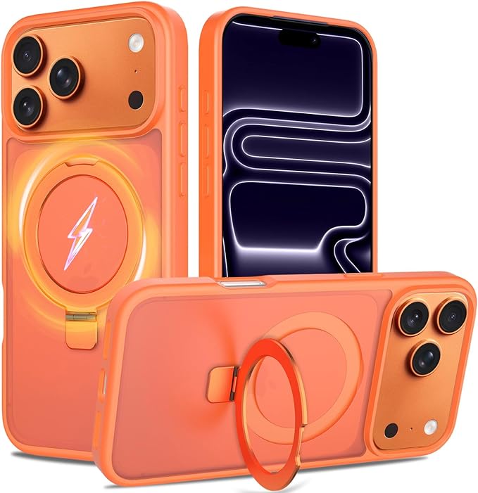 Ultra-Magnetic Stand for iPhone 17 Pro Max Case [Military Drop Protection] [Compatible with MagSafe] Shockproof Translucent Matte Slim Ring Holder Case for iPhone 17 Pro Max (Orange)