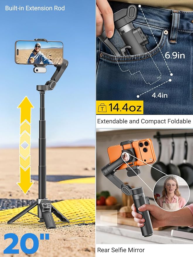 AOCHUAN AI Face Tracker Gimbal Stabilizer for iPhone w/Magnetic Remote, 360° Pan Rotation 3-Axis Gimbal for iPhone, Stabilizer w/Light, Built-in Extension Rod & One-Touch Open Tripod, Volg, Sport