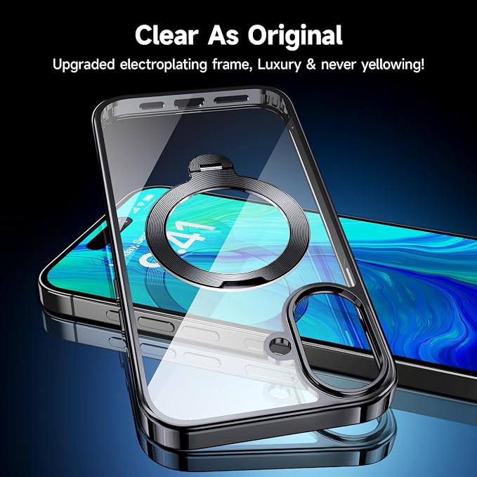 [Tri-Shield Protection] for iPhone 16 Plus Case with 360° Spin Stand Compatible with MagSafe [Magnetic CD Ring] [Screen & Camera Lens Protector] Shockproof Plating Never-Yellowing, Black-6.7"